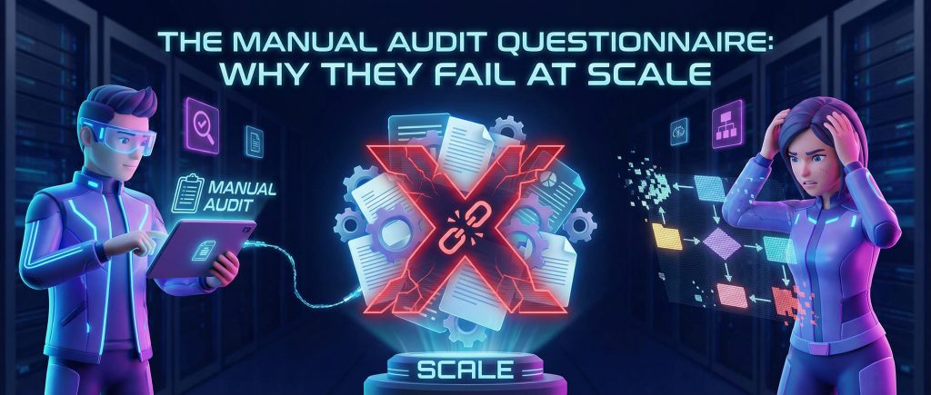 Illustration of two overwhelmed auditors surrounded by scattered documents and a large red X symbolizing the failure of the manual audit questionnaire at scale.